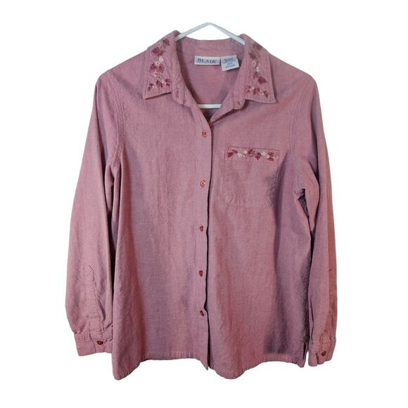 Blair Women's Button Front Shirt Dusty Rose Embroidered Collar Pocket Med - Picture 1 of 9